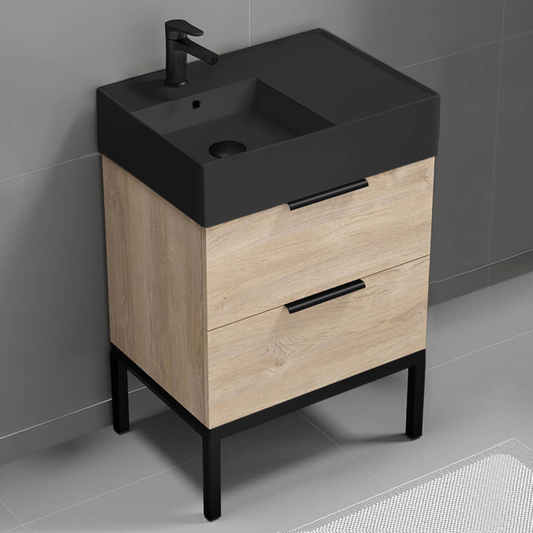 Nameeks DERIN49 Modern Bathroom Vanity With Black Sink, Free Standing, 24 Inch, Brown Oak