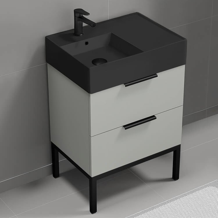 Nameeks DERIN52 24 Inch Bathroom Vanity With Black Sink, Modern, Floor Standing, Grey Mist