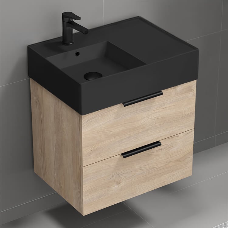 Nameeks DERIN53 Modern Bathroom Vanity With Black Sink, Small, Floating, 24 Inch, Brown Oak