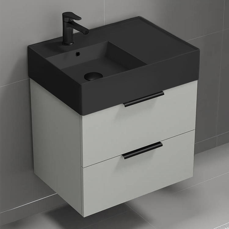 Nameeks DERIN56 24 Inch Bathroom Vanity With Black Sink, Modern, Wall Mount, Grey Mist