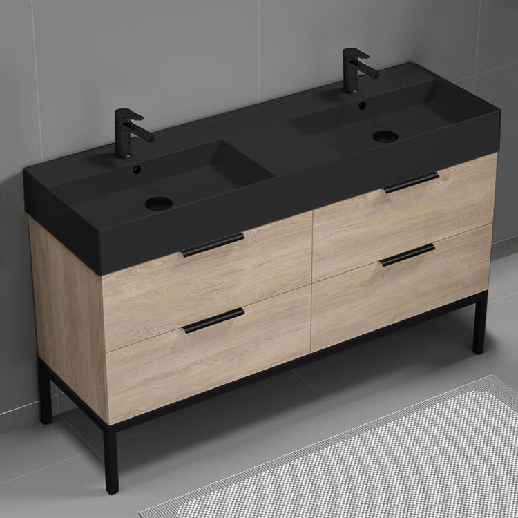 Nameeks DERIN57 Double Bathroom Vanity With Black Sink, Floor Standing, 56 Inch, Brown Oak