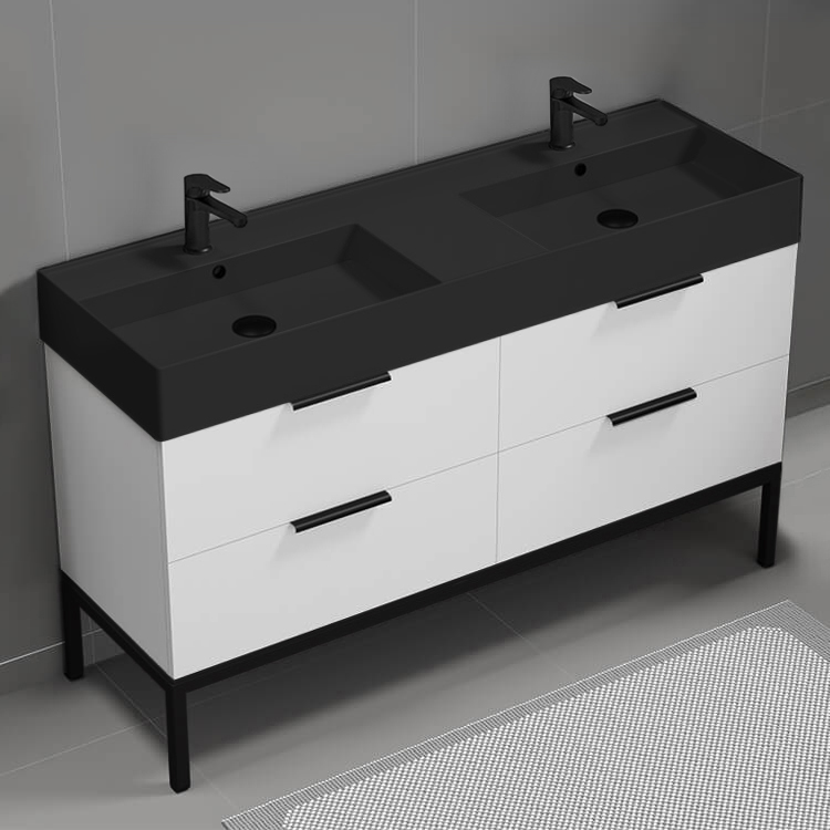 Nameeks DERIN58 56 Inch Bathroom Vanity With Black Sink, Double Sink, Free Standing, Modern, Glossy White