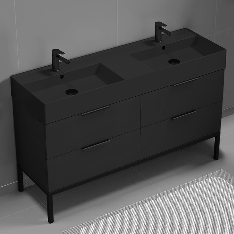 Nameeks DERIN59 Double Bathroom Vanity With Black Sink, Floor Standing, 56 Inch, Matte Black
