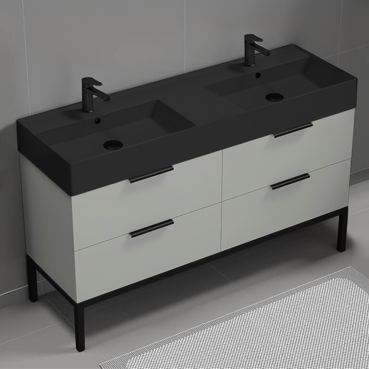 Nameeks DERIN60 56 Inch Bathroom Vanity With Black Sink, Double Sink, Free Standing, Modern, Grey Mist