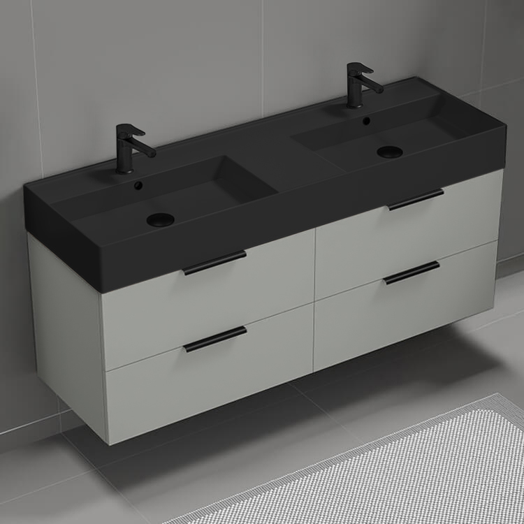 Nameeks DERIN64 Double Bathroom Vanity With Black Sink, Floating, 56 Inch, Grey Mist