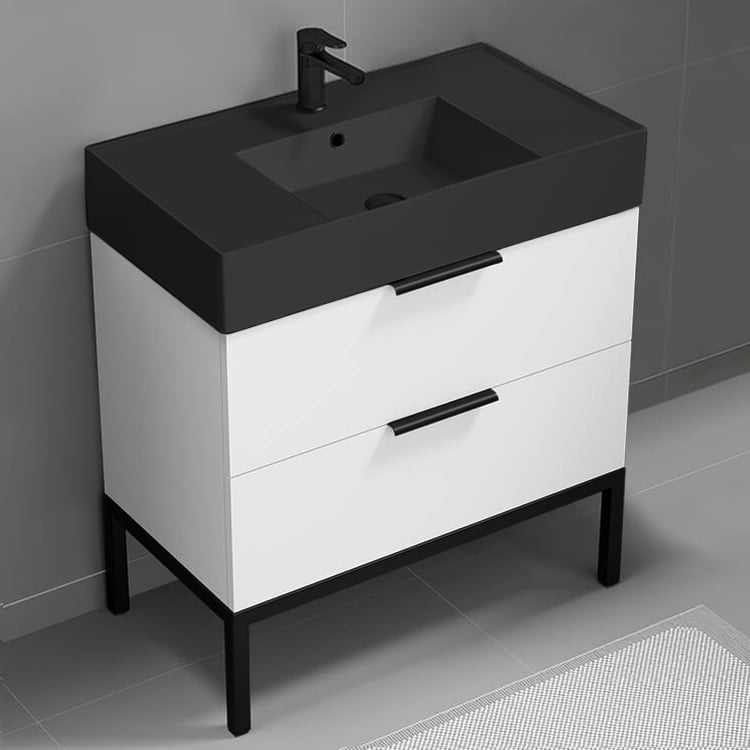 Nameeks DERIN66 Modern Bathroom Vanity With Black Sink, Floor Standing, 32 Inch, Glossy White