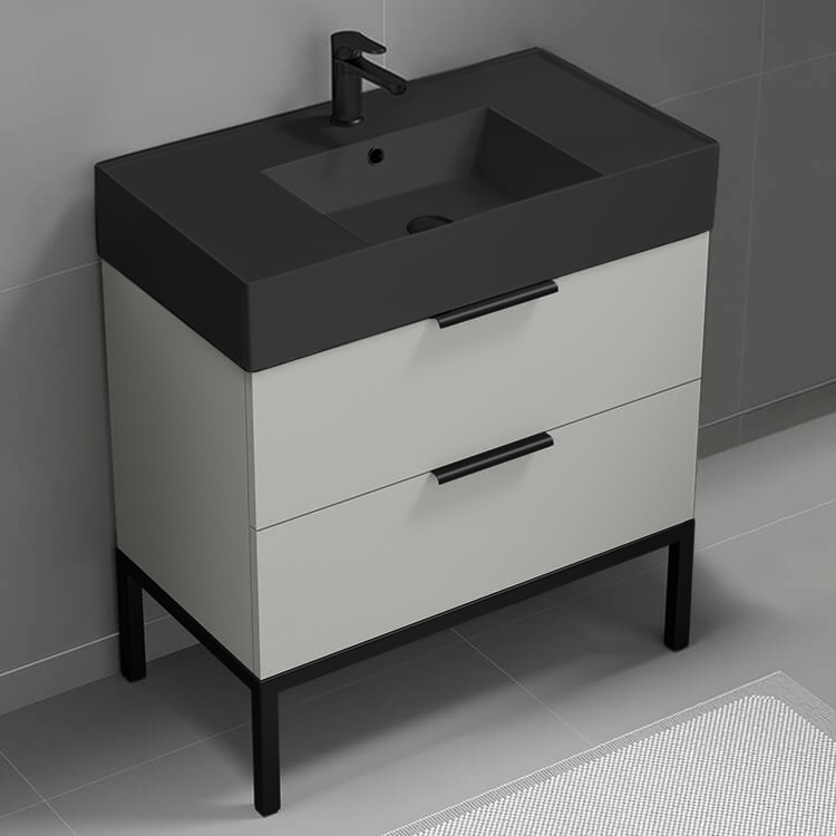 Nameeks DERIN68 Modern Bathroom Vanity With Black Sink, Floor Standing, 32 Inch, Grey Mist