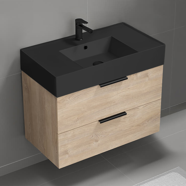 Nameeks DERIN69 Modern Bathroom Vanity With Black Sink, Wall Mounted, Single, 32 Inch, Brown Oak