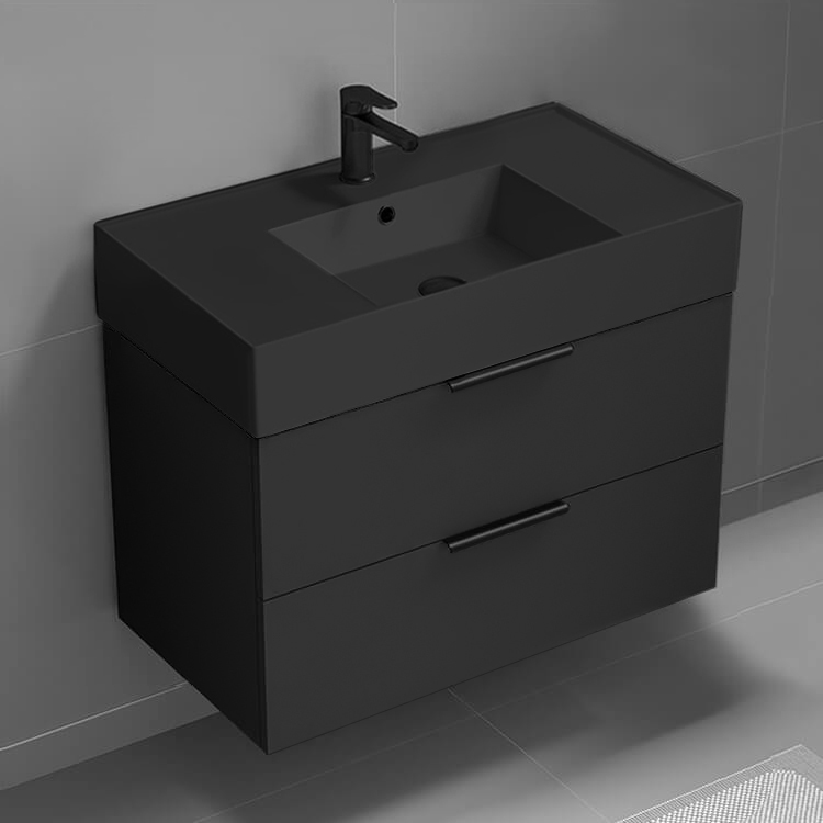 Nameeks DERIN71 Modern Bathroom Vanity With Black Sink, Floating, Modern, 32 Inch