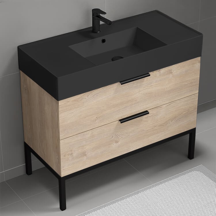 Nameeks DERIN73 Modern Bathroom Vanity With Black Sink, Floor Standing, 40 Inch, Brown Oak