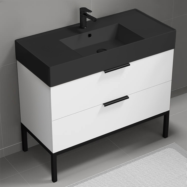 Nameeks DERIN74 Modern Bathroom Vanity With Black Sink, 40 Inch, Glossy White