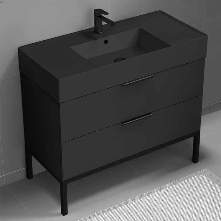 Nameeks DERIN75 40 Inch Bathroom Vanity With Black Sink, Floor Standing, Modern, Matte Black