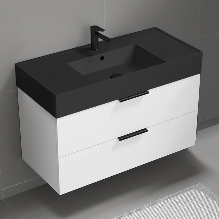 Nameeks DERIN78 Floating Bathroom Vanity With Black Sink, Modern, 40 Inch, Glossy White