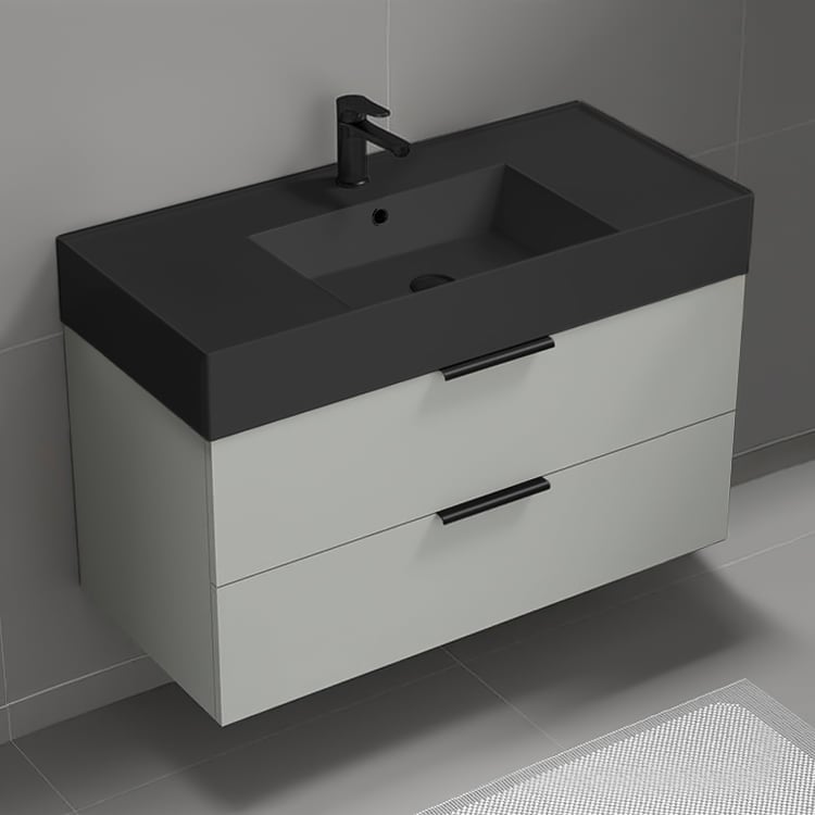 Nameeks DERIN80 40 Inch Bathroom Vanity With Black Sink, Wall Mounted, Grey Mist