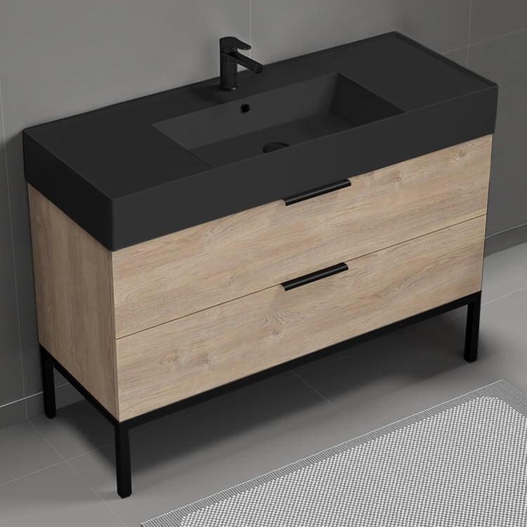 Nameeks DERIN81 Modern Bathroom Vanity With Black Sink, Free Standing, 48 Inch, Brown Oak