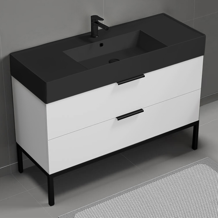 Nameeks DERIN82 Modern Bathroom Vanity With Black Sink, Floor Standing, 48 Inch, Glossy White