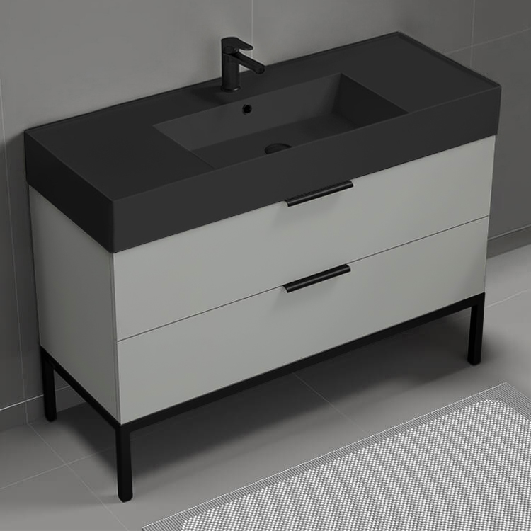 Nameeks DERIN84 Modern Bathroom Vanity With Black Sink, Floor Standing, 48 Inch, Grey Mist