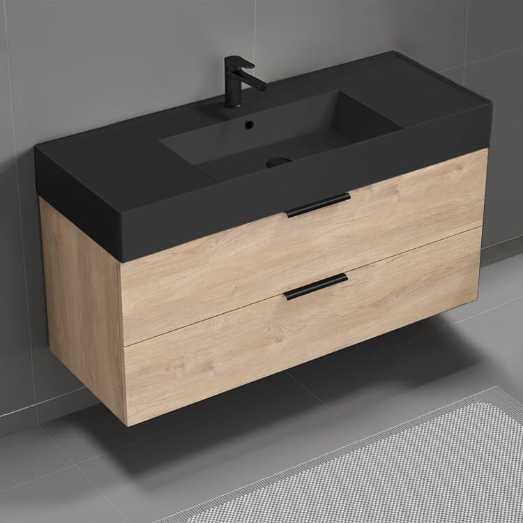 Nameeks DERIN85 48 Inch Bathroom Vanity With Black Sink, Floating, Brown Oak