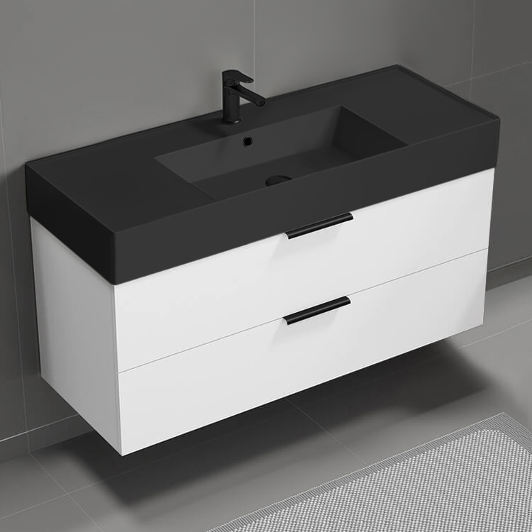 Nameeks DERIN86 Modern Bathroom Vanity With Black Sink, Wall Mounted, 48 Inch, Glossy White