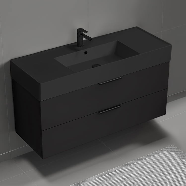 Nameeks DERIN87 Modern Bathroom Vanity With Black Sink, Wall Mount, 48 Inch, Matte Black