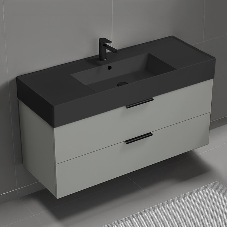 Nameeks DERIN88 Modern Bathroom Vanity With Black Sink, Wall Mounted, 48 Inch, Grey Mist