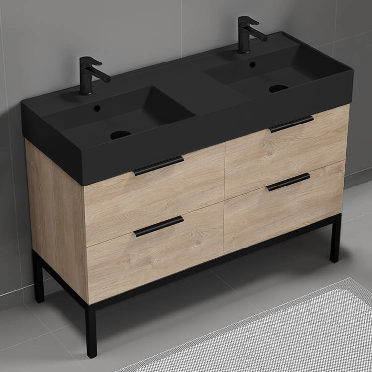 Nameeks DERIN89 Double Bathroom Vanity With Black Sink, Floor Standing, 48 Inch, Brown Oak