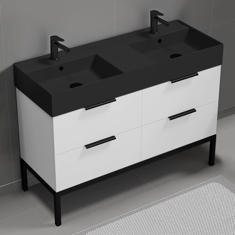 Nameeks DERIN90 48 Inch Bathroom Vanity With Black Sink, Double Sink, Free Standing, Modern, Glossy White