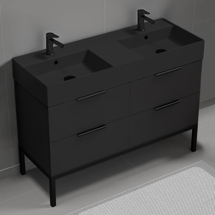 Nameeks DERIN91 48 Inch Bathroom Vanity With Black Sink, Double Sink, Modern, Floor Standing, Matte Black
