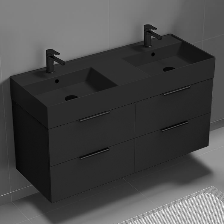 Nameeks DERIN95 Double Bathroom Vanity With Black Sink, Wall Mount, 48 Inch, Matte Black