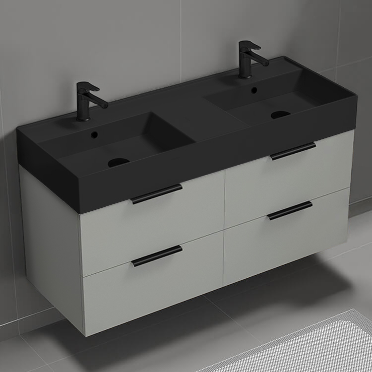 Nameeks DERIN96 48 Inch Bathroom Vanity With Black Sink, Double Sink, Floating, Modern, Grey Mist
