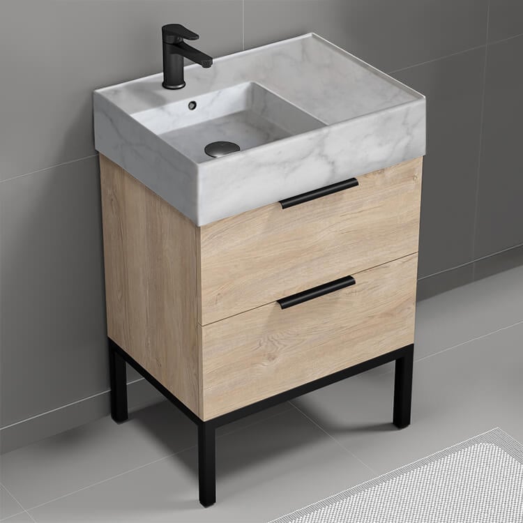 Nameeks DERIN97 Modern Bathroom Vanity With Marble Design Sink, Free Standing, 24 Inch, Brown Oak