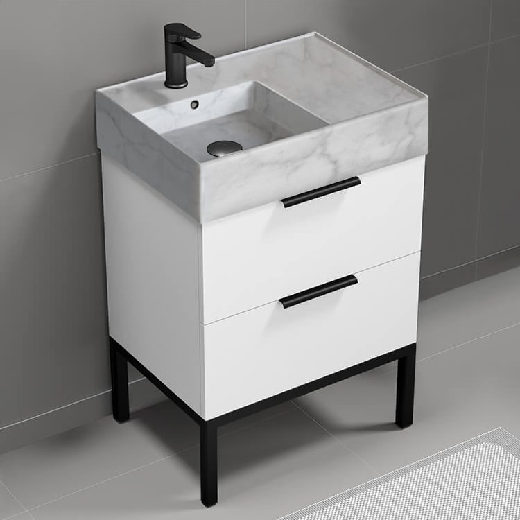 Nameeks DERIN98 Small Bathroom Vanity With Marble Design Sink, Floor Standing, 24 Inch, Glossy White