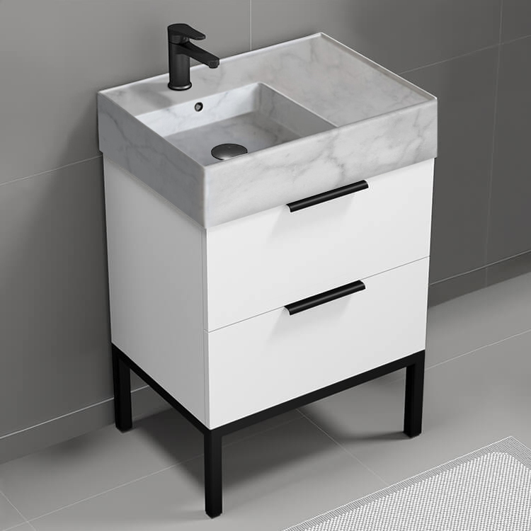 Nameeks DERIN98 Small Bathroom Vanity With Marble Design Sink, Floor Standing, 24 Inch, Glossy White