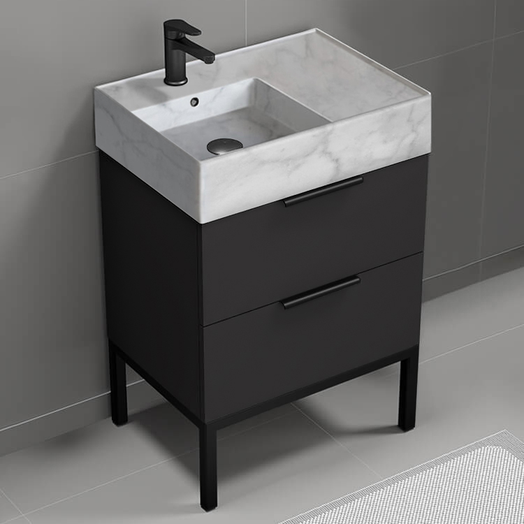 Nameeks DERIN99 Modern Bathroom Vanity With Marble Design Sink, Free Standing, 24 Inch, Matte Black