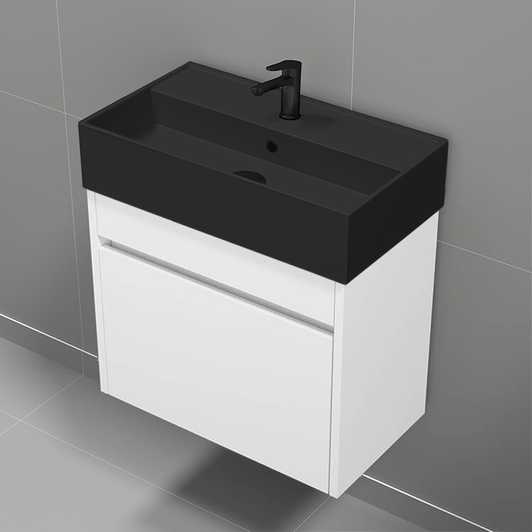 Nameeks MINI10 Small Bathroom Vanity With Black Sink, Floating, Modern, 24 Inch, Glossy White
