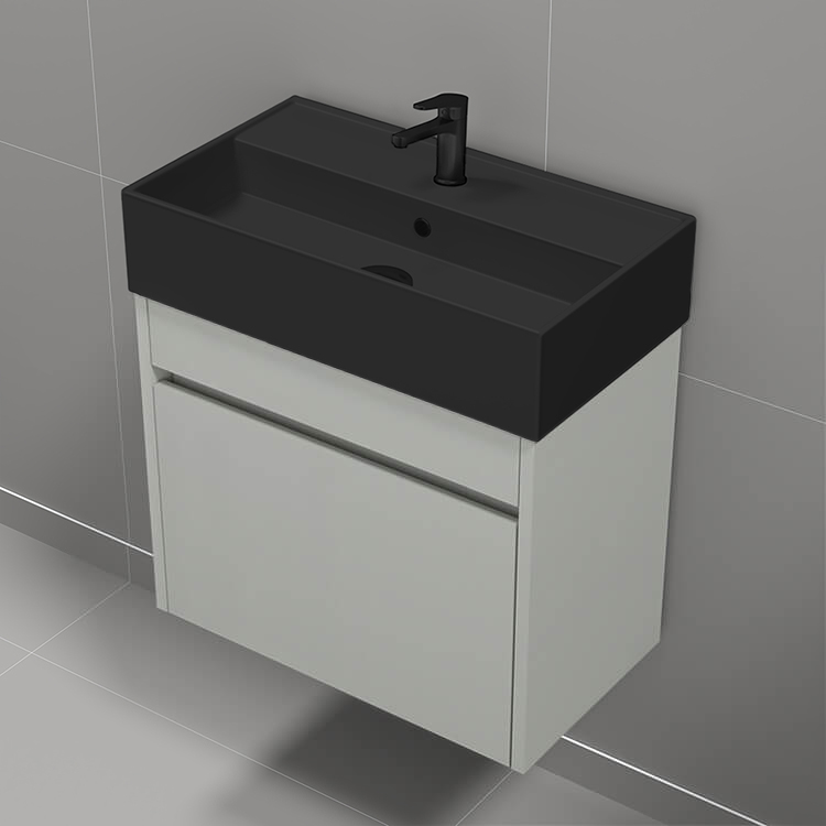 Nameeks MINI12 Small Bathroom Vanity With Black Sink, Wall Mount, Modern, 24 Inch, Grey Mist