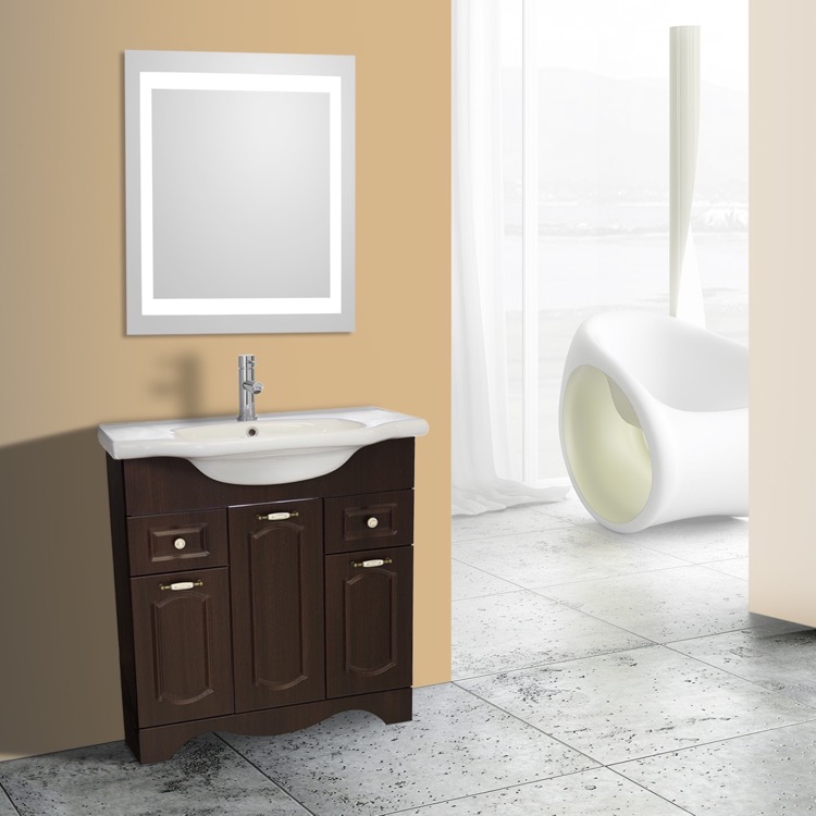 32 Inch Walnut Floor Standing Bathroom Vanity Set Lighted 32 Inch Walnut Floor Standing Bathroom Vanity Set Lighted Mirror Included