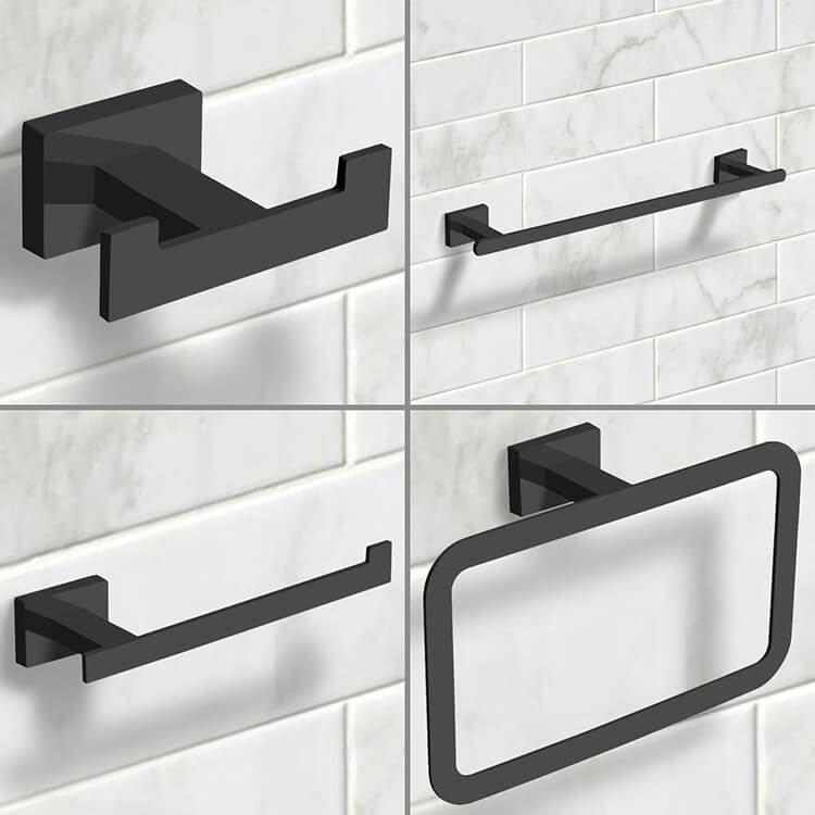 Wall Mounted 4 Piece Matte Black Bathroom Hardware Set, Nameeks BHS01