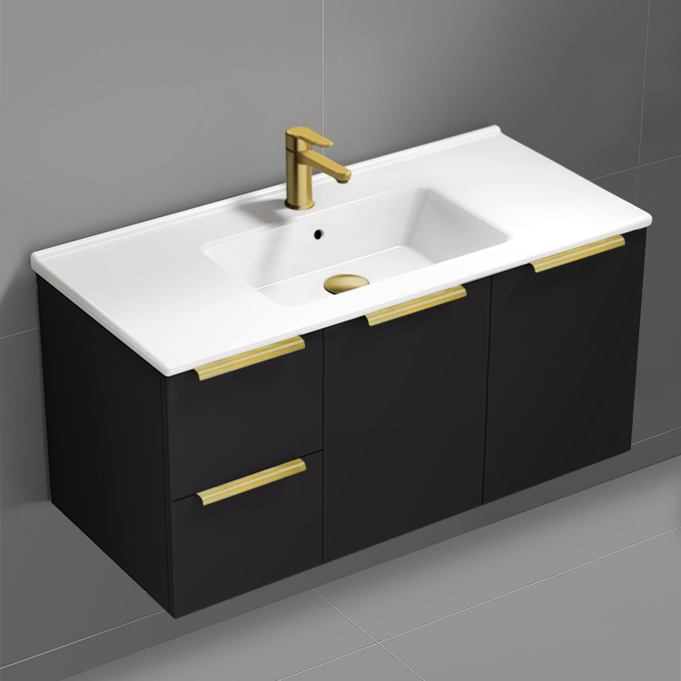 Bathroom Vanity Wall Mounted Black Bathroom Vanity, Modern, 40 Inch, Gold Handles Nameeks BODRUM140