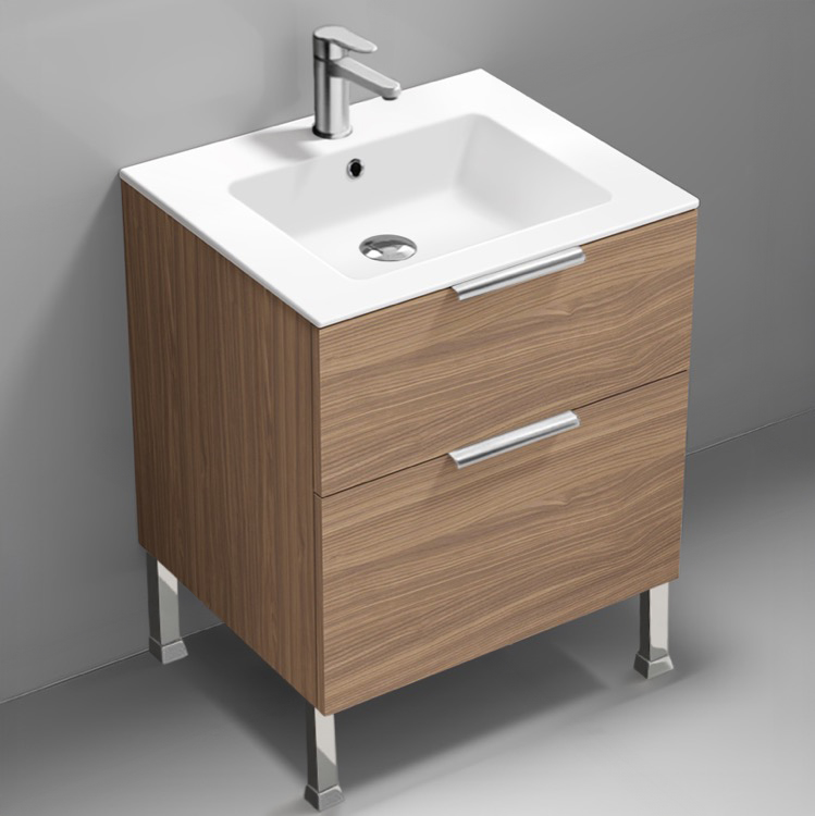 Bathroom Vanity 24 Inch Walnut Free Standing Bathroom Vanity, Modern, Chrome Handles Nameeks IBIZA62