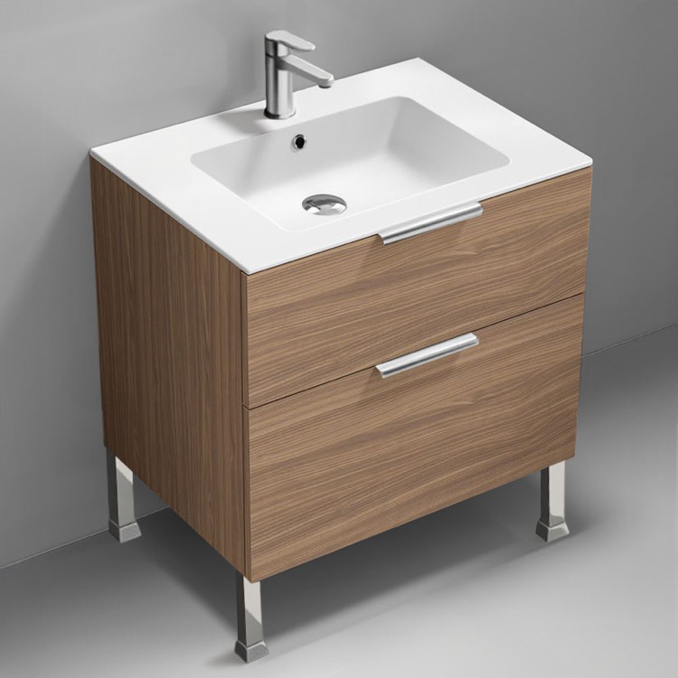 Bathroom Vanity Walnut Free Standing Bathroom Vanity, Modern, Chrome Handles, 28 Inch Nameeks IBIZA66