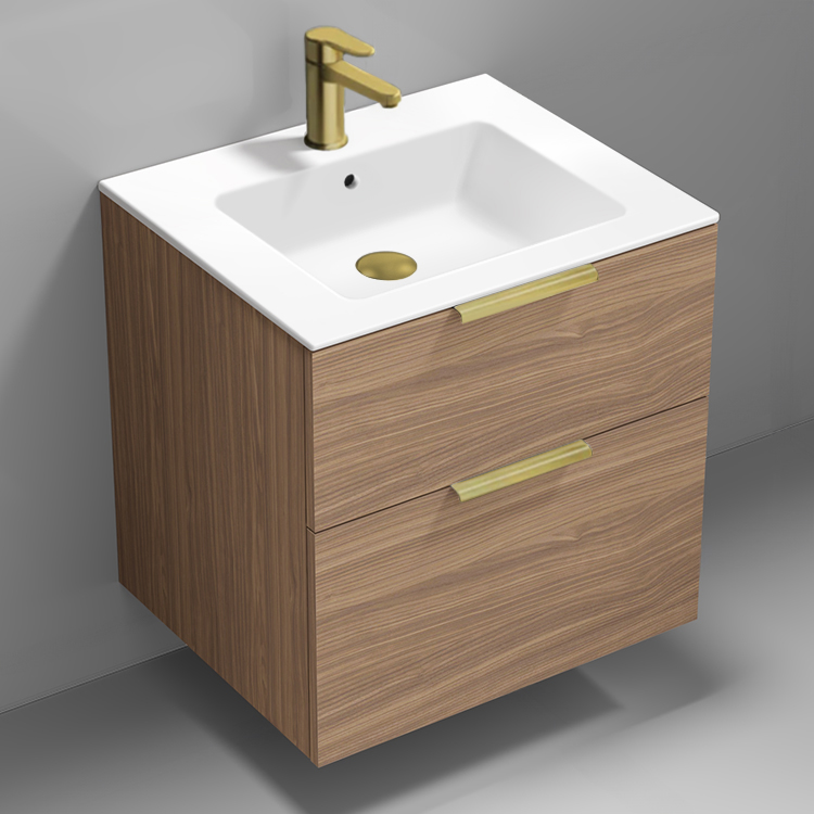 Bathroom Vanity Wall Mounted Bathroom Vanity, Modern, Walnut, 24 Inch, Gold Handles Nameeks IBIZA82