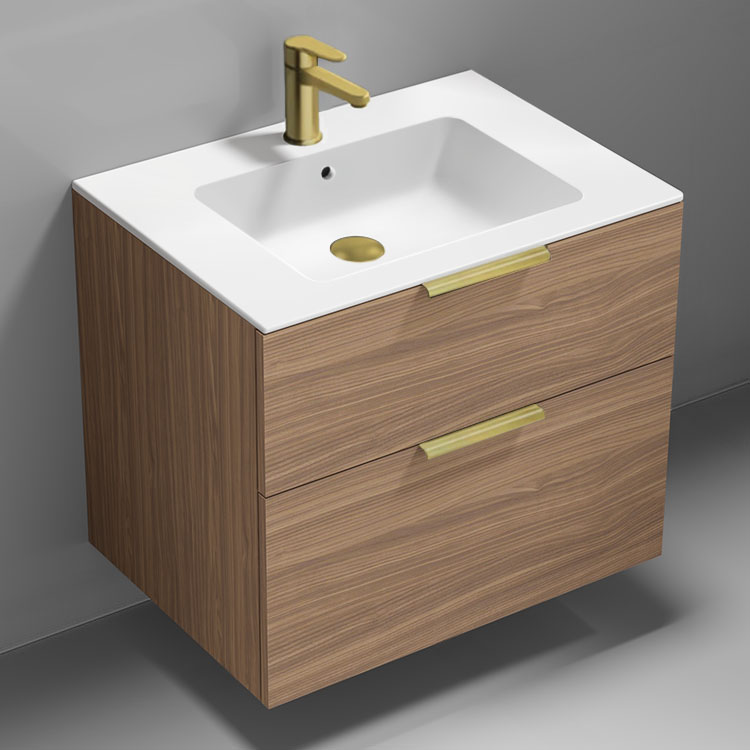 Bathroom Vanity Wall Mounted Bathroom Vanity, Modern, Walnut, 28 Inch, Gold Handles Nameeks IBIZA86