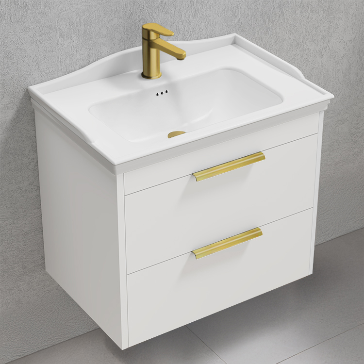 Bathroom Vanity Wall Mounted Vanity, White, 26 Inch, Gold Handles Nameeks MARBELLA16