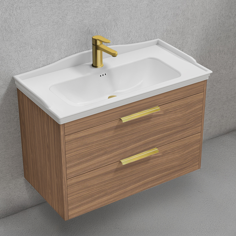 Bathroom Vanity Floating Bathroom Vanity, Walnut, 32 Inch, Gold Handles Nameeks MARBELLA18