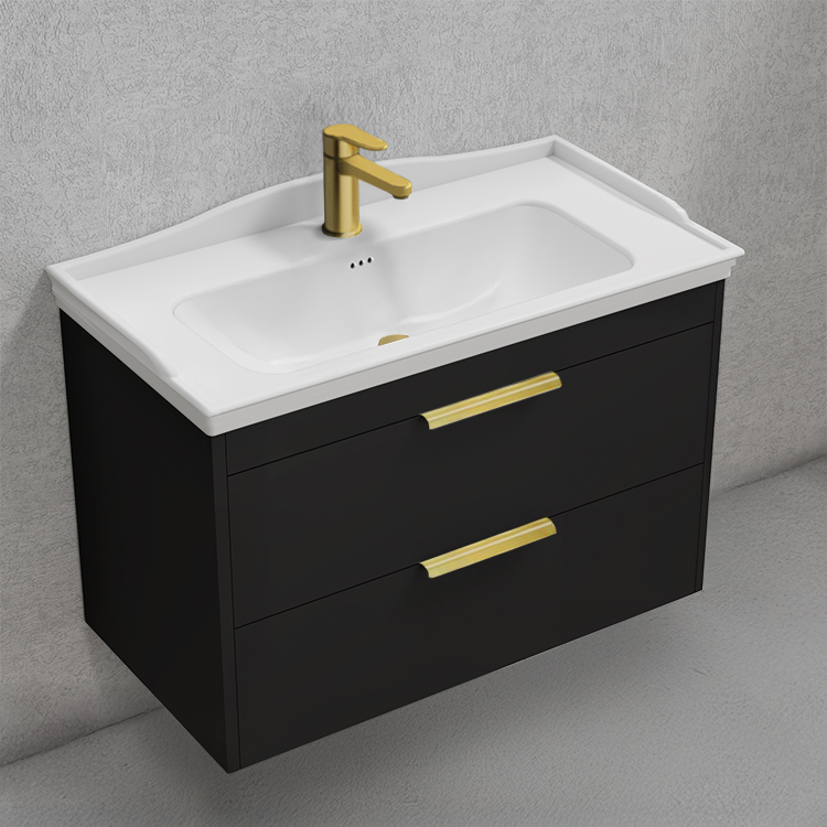 Bathroom Vanity Black Bathroom Vanity, Floating, 32 Inch, Gold Handles Nameeks MARBELLA19