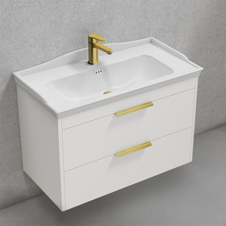 Bathroom Vanity Floating Bathroom Vanity, Glossy White, 32 Inch, Gold Handles Nameeks MARBELLA20