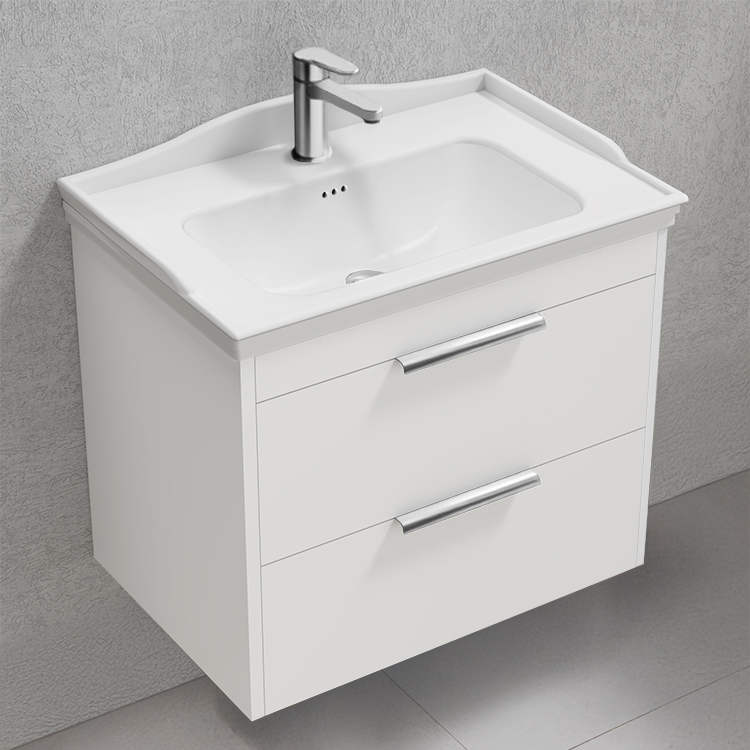 Bathroom Vanity Wall Mounted Vanity, White, 26 Inch, Chrome Handles Nameeks MARBELLA28