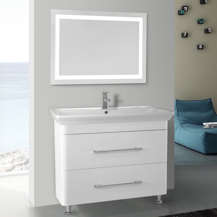 38 Inch White Floor Standing Bathroom Vanity Set Lighted 38 Inch White Floor Standing Bathroom Vanity Set Lighted Mirror Included