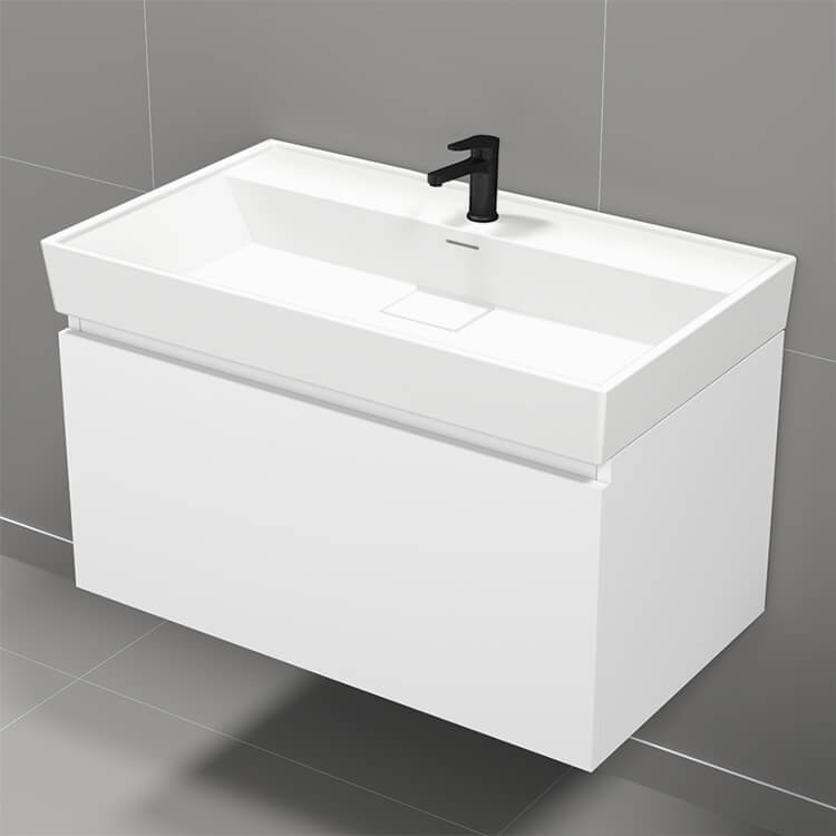 Nameeks SHARP10 Modern Bathroom Vanity, Wall Mount, 32 Inch, Glossy White